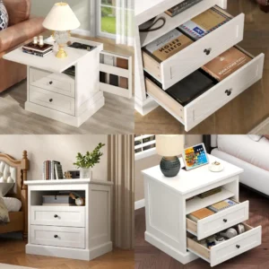 "bedroom storage side table with drawers and open shelf"
