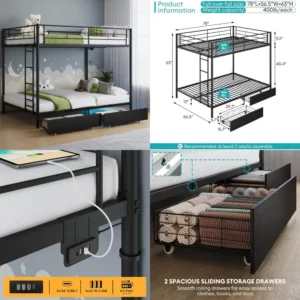 Double Decker Metal Bunk Bed with LED Lighting, USB Ports, Storage Drawers, Safety Rails, and Ladder - No Box Spring Required, E